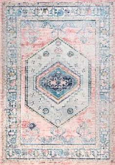 an area rug with blue, pink and white colors