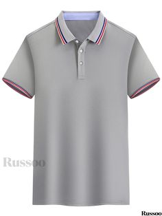 Russoo - Mens Short-Sleeve Business Polo Shirt with Lapel Neck - Ideal for Summer Attire Gray Polo Collar Top For Summer, Fitted Gray Polo Collar T-shirt, Gray Fitted Polo Collar T-shirt, Gray Polo Collar Shirt For Summer, Gray Cotton Polo Collar T-shirt, Gray Short Sleeve Polo Shirt For Summer, Gray Collared T-shirt For Summer, Summer Attire, Summer Wear