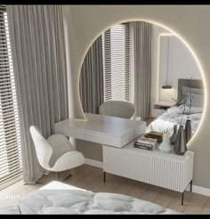 a bedroom with a round mirror on the wall next to a white desk and chair