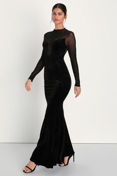 Everyone will be talking about your captivating look in the Lulus Alluring Fixation Black Velvet Mesh Long Sleeve Maxi Dress! This irresistible dress features a sheer mesh dÃ©colletage that rises to a mock-style neckline, shapes long fitted sleeves, and creates a U-shaped insert at the center of the plush velvet bodice. A matching velvet mermaid skirt flatters your curves just right as it falls to a dramatic maxi hem. Sheer mesh V-back completes the sultry look! Hidden back zipper/clasp. Fit: Th Neckline Shapes, Black Mesh Dress, Velvet Maxi Dress, Lulu Fashion, Fitted Sleeves, Mermaid Skirt, Mesh Long Sleeve, Long Sleeve Maxi, Cup Size