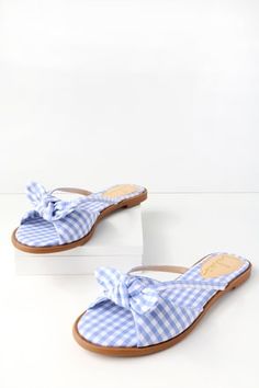 Delilah Light Blue Gingham Knotted Slide Sandals 3 Cute Block Heel Spring Heels, Cute Spring Block Heel Shoes, Cute Spring Block Heels, Open Toe Sandals For Picnics, Spring Open Toe Sandals For Picnic, Casual Low Heel Sandals For Fall, Casual Sandals For Spring Picnic, Casual Spring Picnic Sandals, Cute Flat Heel Sandals For Spring