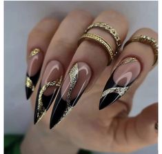 Coffin Black And Gold Nails, Silver Gold Nails Acrylic, Nail Designs With Black Polish, Earth Tones Nails Designs, Masquerade Nail Ideas, Black Nails Gold Tips, Black And Gold Nails Design Classy, Metallic Nails Gold, Acrylic Gel Nail Designs