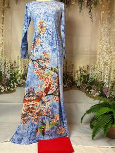 Brand New High Quality Vietnamese Ao Dai.  Free Priority Shipping (1-3 days) to arrive via USPS. Size Bust/ChestWaist S31.9in/81cm26.8in/68cm M33.1in/84cm29.1in/74cm L35.0in/89cm29.9in/76cm 3XL 35.8in/91cm30.7in/78cm Please provide Bust, Waist, and Hip measurements when placing your order so we can ensure the best fit for you. To get the best fit, we provide Free Alterations to the Bust and Waist measurements of the Women Ao Dai and the Chest measurement for the men. Please note:  Almost all Ao Floral Print Long Sleeve Sets For Spring, Spring Sets With Floral Print And Long Sleeves, Blue Long Sleeve Non-stretch Set, Blue Ao Dai For Summer, Spring V-neck Non-stretch Sets, Non-stretch V-neck Sets For Spring, Casual Summer Ao Dai, Spring V-neck Printed Sets, Fitted Long Sets For Summer