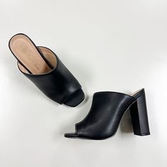 Brand New Pair Of Open Toe Mules From Fashion Focus With 4" Heel Trendy Black Almond Toe Heels, Trendy Black Mules With Padded Heel, Black Mules With 4-inch Heel, Black Open Heel Mules For Work, Casual Black High Heel Mules, Black Open Toe Heels For Fall, Black Heels For Spring Workwear, Chic Black Almond Toe Mules, Black Almond Toe Heels For Summer