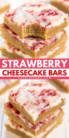 This easy fruit recipe lets you have the BEST Strawberry Cheesecake Bars! Not only are these blondie bars soft and chewy, but they are also topped with a cream cheese layer and swirled with strawberry jam. Save this fruit dessert recipe! Bar Treats, Strawberry Cheesecake Bars, Easy Brownie, Raspberry Desserts, Easy Cream, Bar Recipes, Bar Cookies, Cheesecake Bars