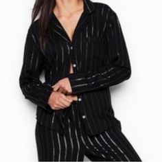 Brand New Black Sleepwear For Lounging In Fall, Fall Black Sleepwear For Lounging, Black Fall Loungewear Sleepwear, Victoria's Secret Long Sleeve Pajama Sets, Victoria's Secret Fitted Long Sleeve Sleepwear, Victorias Secret Striped Pajamas, Victoria's Secret V-neck Sleepwear For Bedtime, Black V-neck Sleepwear By Victoria's Secret, Pink Nightgown