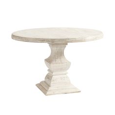 a white marble table with pedestals on the top and base, against a white background