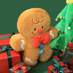 there is a stuffed ginger next to presents