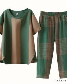 Lasaky - Contemporary Plaid Two-Piece Pant Set with Comfortable Relaxed Fit Top Casual Green Sets With Pockets, Green Relaxed Fit Comfortable Sets, Casual Khaki Sets For Fall, Green Comfortable Relaxed Fit Sets, Green Comfortable Sets With Relaxed Fit, Casual Short Sleeve Sets For Fall, Casual Brown Relaxed Fit Set, Casual Brown Sets With Relaxed Fit, Casual Khaki Cotton Sets