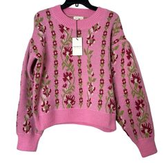 Size Large Brand New Pink Sweater Pullover Crewneck Long Sleeve Balloon Sleeve With Puff Shoulder Floral Print Relaxed Fit Heavyweight Cotton Blend With Stretch Item Is In Brand New With Tags Condition Approximate Measurements: Length: 24” Bust: 21” Pink Knit Sweater With Floral Print, Pink Floral Print Sweater For Spring, Pink Sweater For Spring, Pink Floral Print Top For Winter, Spring Pink Knit Sweater, Long White Sweater, Puff Sleeve Sweater, Leopard Print Sweater, Sweater Trends