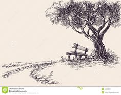 a bench under a tree in the park with a man sitting on it and looking at something