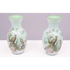 two vases with birds painted on them sitting next to each other