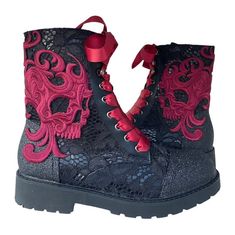 "Burgundy skull boots, Skull lace boots, Black lace boots, Black bridal boots, Skull ankle boots, Altenative wedding, Custom combat boots 🖤This pair of combat style ankle boots features black glittered heels and toes with delicate black lace overlay, burgundy applique filigree skulls and burgundy ribbon laces. Zip up fastening. Perfect for an alternative wedding or everyday wear!  🖤This design can be glittered any colour you like and skulls come in multiple colours. Please message to discuss a custom order.  🖤As each pair is handmade no two will ever be exactly the same.  ✨I can create glitter shoes in any colour on most styles of shoe. I even custom mix glitter colours and can match them to fabric/dresses etc. Glittered undersoles and personalisation can also be added. Initials, dates, Lace Boots Black, Emo Shoes, Black Glitter Heels, Skull Boots, Black Lace Boots, Burgundy Ribbon, Fairy Shoes, Ribbon Laces, Combat Style