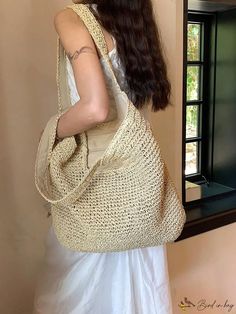 BirdinBag - Large Capacity Vacation Beach Bag with Double Handle - Minimalist Design Vacation Essentials, Beige Bag, Straw Handbags, Word Wrap, Vacation Beach, Shoulder Tote Bag, Shoulder Tote, Casual Bags, Womens Tote Bags