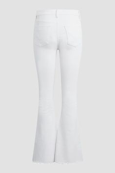 Description Our Holly High-Rise Flare Barefoot Jean in Spring White is cut with a shorter inseam to hit below the ankle from premium super stretch denim. It features an elevated waistline, classic five-pocket details, and a fitted leg that breaks at the knee. Product Details Front Rise: 11", Leg Opening: 22.5", Inseam: 30"Model Height 5'9"Model wearing size 25Measurements based on size 27 Fit & Care Content: 90% Cotton, 8% Recycled Polyester, 2% ElastaneMachine wash cold with like colorsDo not b White Mid-rise Flare Jeans With Frayed Hem, White Mid-rise Flare Jeans With Five Pockets, White Fitted Full-length Flare Jeans, White Full-length Cotton Flare Jeans, White Non-stretch Jeans With Pockets, Hudson Jeans, Denim Branding, Denim Flares, Pocket Detail