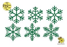 green snowflakes are shown in different sizes and shapes, including one with yellow flowers