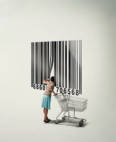 a woman pushing a shopping cart in front of a bar code