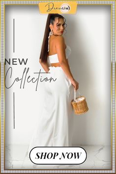 Fashion Women Clothing Solid Sleeveless Halter Crop Tops Wide Leg Pants Summer Two Piece Sets Casual Sleeveless Two-piece Jumpsuit, Elegant Two-piece Bottoms For Vacation, High Waist Two-piece Summer Pants, White Two-piece Bottoms For Summer, Summer Two-piece Wide Leg Jumpsuits And Rompers, Chic Two-piece Sleeveless Jumpsuits And Rompers, Chic Two-piece Bottoms For Vacation, Chic Sleeveless Two-piece Jumpsuit, Chic Two-piece Vacation Bottoms