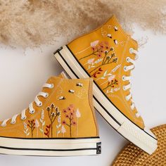 '' Custom Yellow Converse All Star High Tops 1970s Embroidered Floral and Bee '' 🍀 Price includes Converse Shoes and Floral Embroidery Designs as shown 🍀 🍀 Shoe Type: Converse 1970s 🍀 Shoe color: 5. Yellow_1970s 1. DETAILS 🍀 You can send me your Converse, Vans, canvas shoes or I can buy them for you. Custom-ordered embroidered Vans and Converse shoes, please wait another 2-4 days. Each pair is hand embroidered to order, please make sure you put in the correct shoe size before you check out. The embroidery is meticulous and does not fade. 🍀 You will receive Vans and Converse shoes with floral embroidery designs as above. 2. PERSONAL EXPRESSION 🍀 Create your unique vibe by your own design of embroidery! In addition to the embroidery patterns I post, I am happy to receive embroidery pa Embroidered Vans, 1970s Shoes, Converse 1970s, Yellow Converse, Converse All Star High, Platform Chucks, Embroidered Converse, Custom Converse, Embroidered Shoes