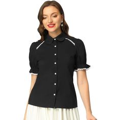 This retro blouse from Allegra K is designed with the lace contrast trim. A perfect option for weekdays and weekends in the sun. Featuing a cute peter pan collar and the contrast design, the top is completed with short sleeves with a button cuff. The modern formal wear meets vintage femininity on this cute shirt, which has a doll collar design and pin tuck at the front. Black Tops With Contrast Collar For Summer, Black Top With Contrast Collar For Summer, Summer Tops With Contrast Collar And Short Sleeves, Spring Lace Trim Button-up Shirt, Black Tops With Contrast Collar For Spring, Summer Shirt With Contrast Collar And Short Sleeves, Casual Summer Shirt With Contrast Collar, Cotton Button-up Tops With Contrast Collar, Spring Black Top With Contrast Trim