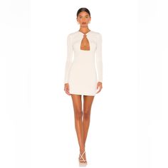 70% Modal, 30% Poly Made In China Dry Clean Only Double-Lined Pull-On Styling Front Cut-Out With Gold-Tone Ring Accent At Neckline Soft Jersey Fabric Bodycon Mini Cocktail Dress, Mini Bodycon Cocktail Dress, Elegant White Mini Bodycon Dress, Elegant Mini Bodycon Dress, Chic White Mini Bodycon Dress, Chic Mini Dresses For Brunch, Elegant Mini Bodycon Dress For Spring, Amelie, Made In China