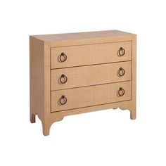 a wooden dresser with three drawers and two knobs on the front, against a white background