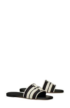 The signature stacked double-T logo in richly textured bouclé brings dimension to the strap of a resort-ready slide sandal. Textile upper/leather lining and sole Imported Sandal Women, Slide Sandals, Tory Burch, Womens Sandals, Nordstrom, Size 10, Sandals, Leather