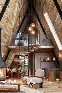 a living room filled with lots of furniture and wooden walls on top of each other