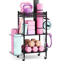 a black rack with pink and blue items on it