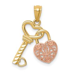 14K Yellow Rose Gold Filigree Heart Lock Design and Key Charm Pendant at $ 76.06 only from Jewelryshopping.com Filigree Heart, Heart Lock, Rose Gold Heart, Rose Jewelry, Gold Filigree, Key Pendant, Gold Polish, Charm Gift, Fine Jewellery Necklace