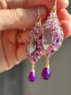 Elegant Purple Cabochon Earrings, Unique Gemstone Earrings For Party, Handmade Fusion Teardrop Earrings, Handmade Fusion Jewelry For Party, Wire Wrapped Drop Jewelry For Party, Purple Briolette Earrings For Wedding, Bohemian Gemstone Earrings For Party, Handmade Briolette Earrings For Party, Purple Gemstone Accented Drop Earrings