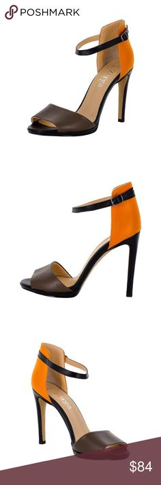 DEVA Multi Color Black Orange Brown Leather Heels Unleash your inner diva in these black, tangelo and chocolate brown "Deva" heels. Perfect for work and play, this style will take you anywhere from the day to night. These stiletto heels feature the high quality, handmade, vegan leather upper with a strap vamp and open toe, ankle strap with a side buckle closure.  Designed with a lightly cushioned, vegan leather lined sole. Genuine leather counter protects your heel and gives you greater comfort Orange Ankle Strap Heels With 4-inch Heel, Open Toe Heels With Contrasting Heel Counter For Office, Office Open Toe Heels With Contrasting Heel Counter, Office Open Toe Heels With Contrasting Heel, High Heel Sandals With Contrasting Heel Counter For Work, Orange Heels With Heel Strap And Ankle Strap, Leather Ankle Strap Sandals For Office, Brown Ankle Strap Heels For Evening, Leather Heels With Contrasting Heel Counter