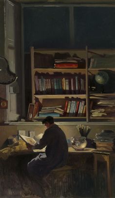 a painting of a person sitting at a desk with books and papers in front of them