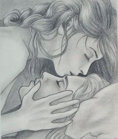 a pencil drawing of two women hugging each other with their arms around one woman's head