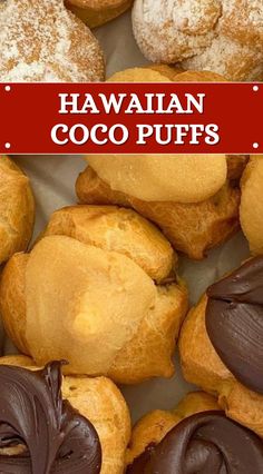 there are many cookies and pastries in the box together with text that reads hawaiian coco puffs