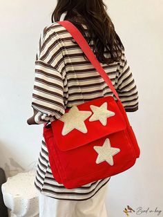 Bird in Bag - Fashionable and Simple Red Menge Bag with Star Printed Pattern for Students Trendy Red Shoulder Bag For School, Trendy Star-shaped Shoulder Bag For School, Canvas Crossbody Bag, Style Preppy, Bird In Bag, Mini Fashion, Star Print, Messenger Bag, Print Patterns