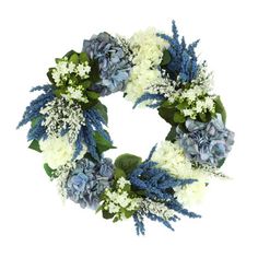 a wreath with blue and white flowers is shown on a white background in this image