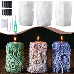 three candles sitting next to each other on top of a table