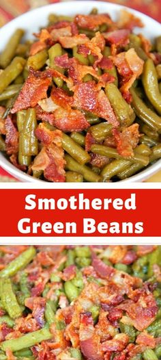 green beans with bacon in a white bowl and another side dish on a red table cloth