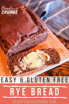 a loaf of rye bread on a cutting board with the title text easy gluten free rye bread