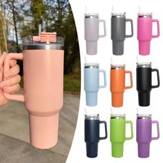 thermos travel mug with handle is shown in different colors