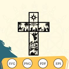 the cross is surrounded by three different symbols