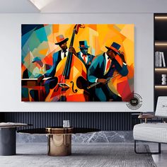 an abstract painting of two men playing instruments in a living room with modern furniture and artwork on the wall