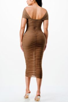 Description Midi dress with Ruching detail OFF shoulder Semi Sheer Mesh fabric Self in-lined Detail 100% POLYESTER CHINA Size & Fit The model is 5'7" and wearing a size Small Spring Off-shoulder Lined Midi Dress, Lined Off-shoulder Dress For Date Night, Brown Off-shoulder Dress For Night Out, Stretch Ruched Midi Dress For Dress Down, Stretch Ruched Midi Dress For Casual Occasions, Ruched Stretch Midi Dress For Casual Wear, Stretch Ruched Midi Dress For Casual Wear, Knee-length Lined Bodycon Midi Dress, Spring Off-shoulder Bodycon Maxi Dress