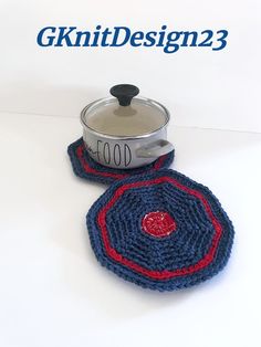 two crocheted coasters with a pot holder on the top one has a red and blue design