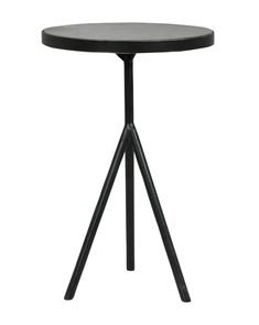 a black table with two legs and a small round table top on the bottom, in front of a white background