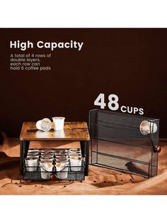 an advertisement for high capacity coffee cups with the number four cups in front of it