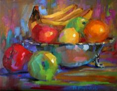 a painting of apples, bananas and oranges in a bowl