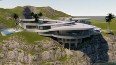 an artistic rendering of a futuristic house on top of a mountain