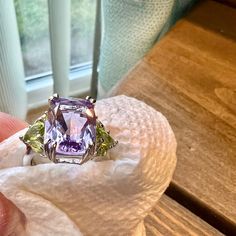 4.50ct Amethyst And .90ct T.W. Peridots Set In Sterling Silver. Approximately A Size 5. Should Be Gently Cleaned. Polich Cloth Included. Estate Piece. Excellent Condition. Amethyst And Peridot, Peridot Ring, Purple Green, Womens Jewelry Rings, Green And Purple, Purple Color, Gemstone Rings, Amethyst, Ring Size